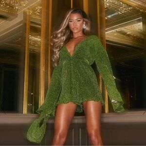 Green glitter plisse flare sleeve plunge playsuit
